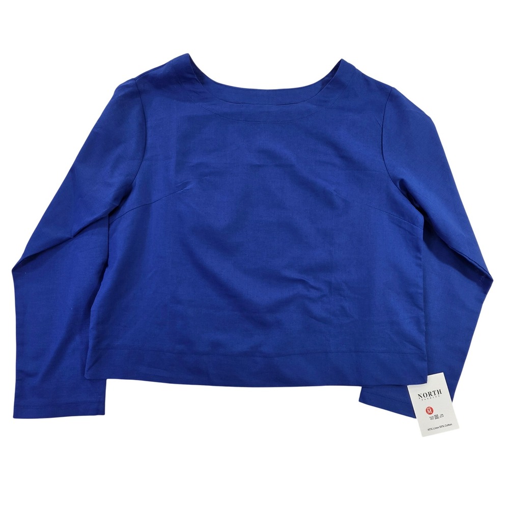 North Fashion Royal Blue Linen Cotton Boat Neck Long Sleeve Blouse NWT Size M